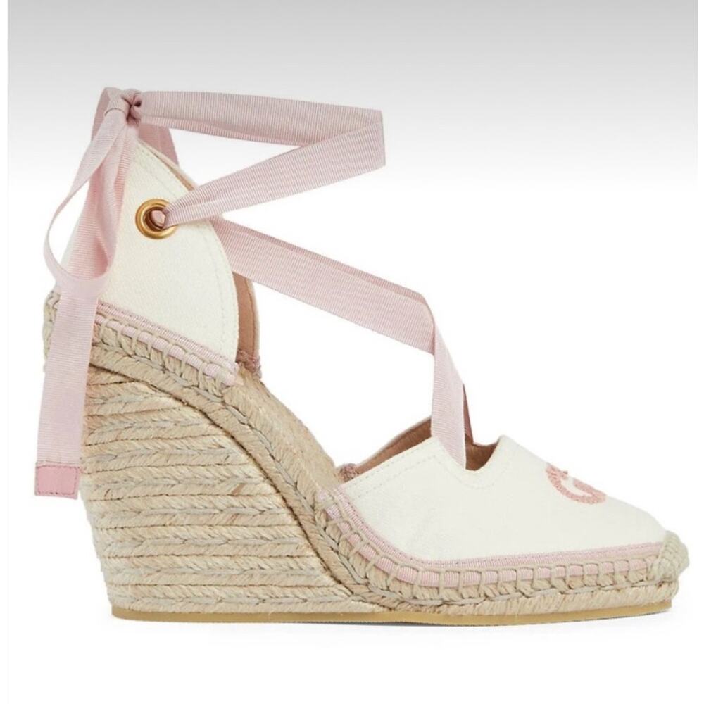 Gucci GG Espadrille Ribbon Tie Canvas Pink Wedge White 38.5
